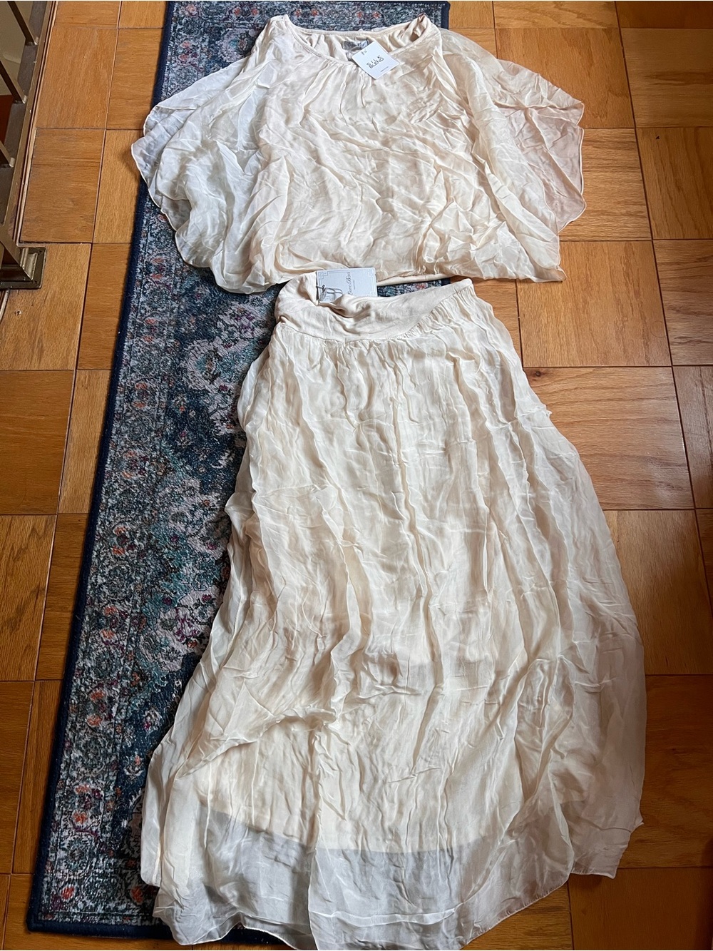 Elena baldi Lola Italy silk Cream Maxi skirt blouson top 2 piece set reformation